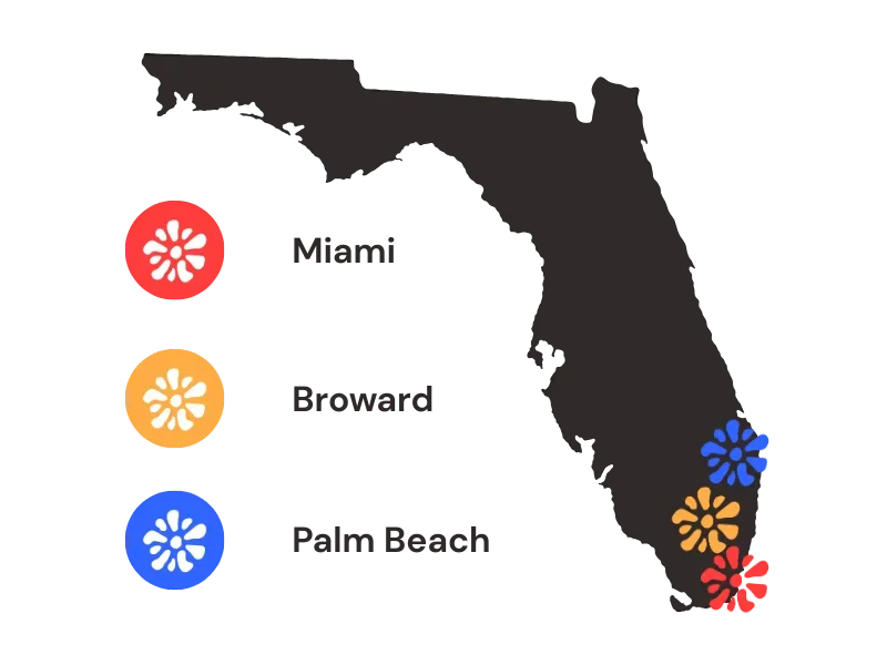 Map of Florida with the three South Florida counties Pana Mia covers picked out